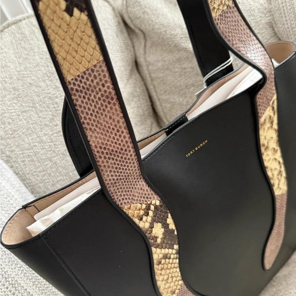 Tory Burch Black and Snake Print Tote